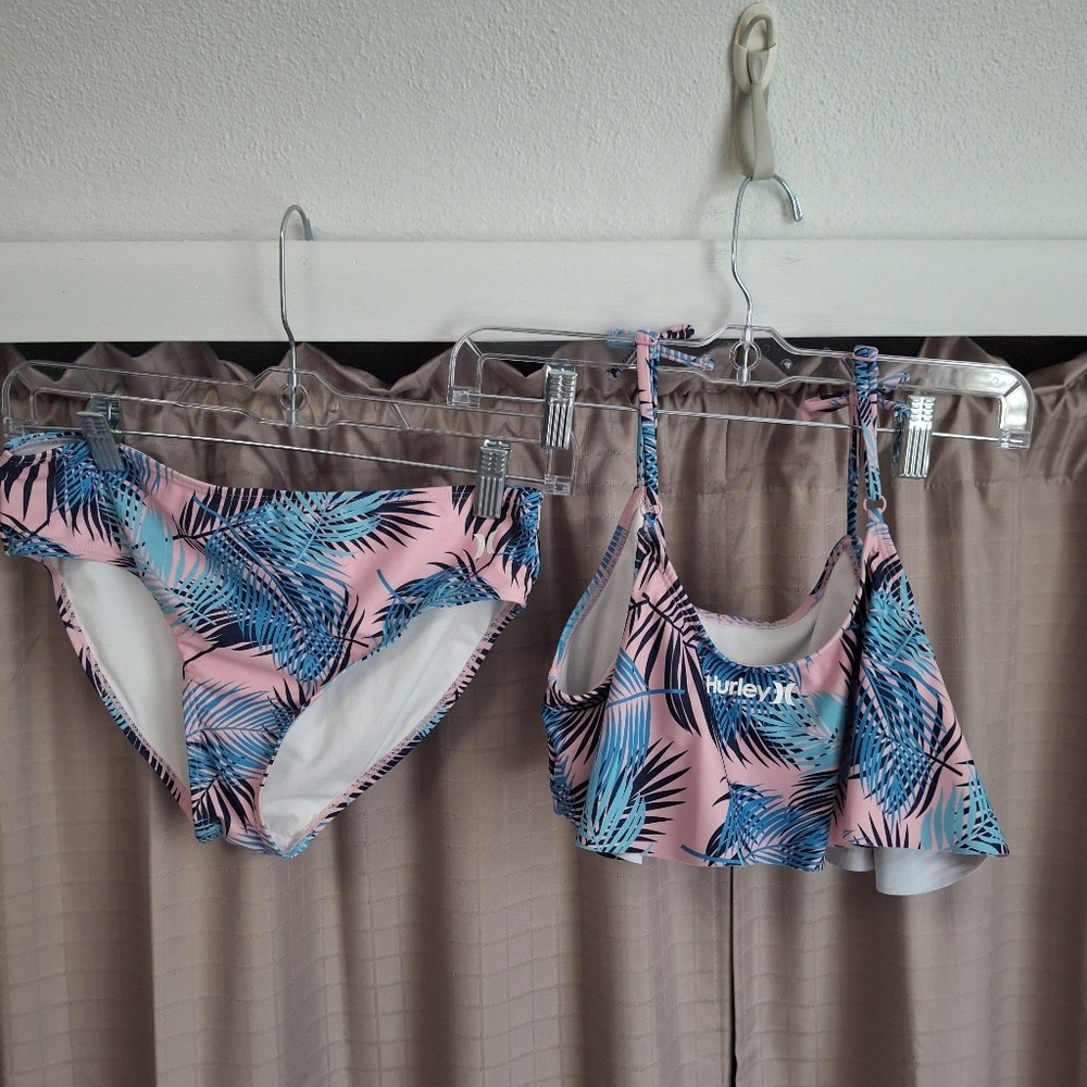 Youth Hurley 2 Piece Swimsuit Pink Blue Palm Print Size XL